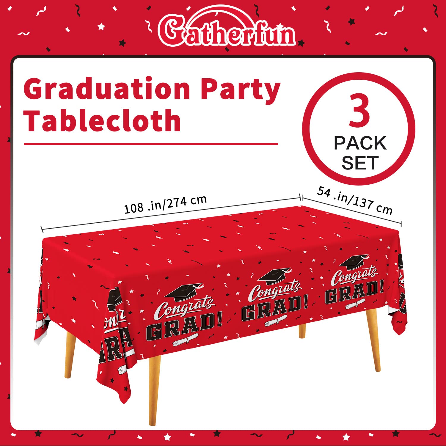 Gatherfun Graduation Table Cover - Class Red, 54 by 108 Inches, 3-Pack Disposable Tablecloths