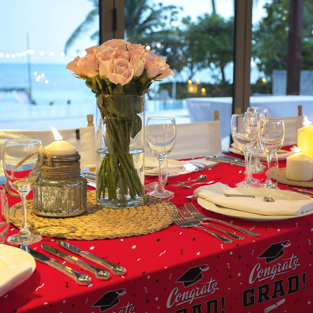 Gatherfun Graduation Table Cover - Class Red, 54 by 108 Inches, 3-Pack Disposable Tablecloths