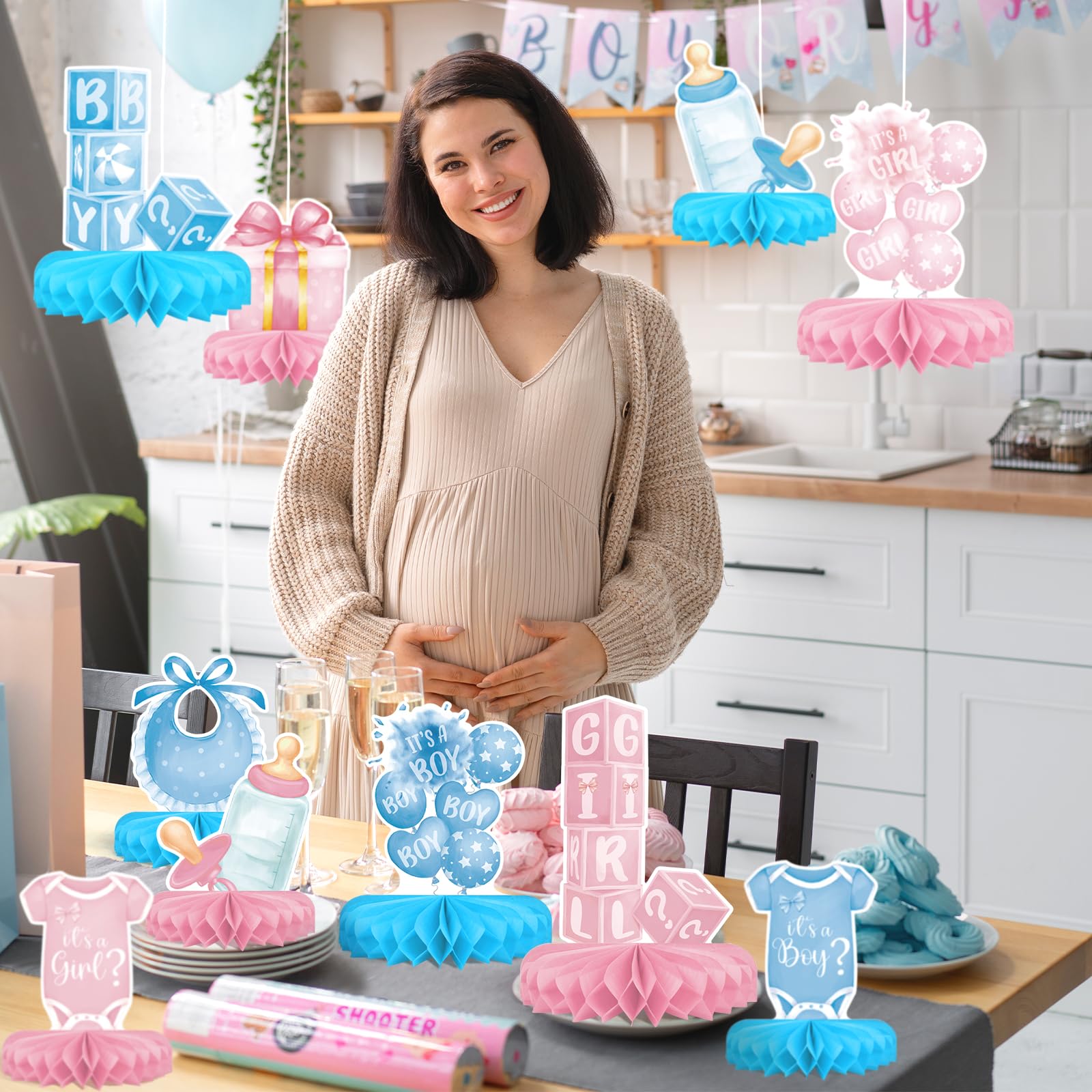 Gatherfun Gender Reveal Decoration Set — Honeycomb Centerpieces for Boy or Girl Baby Showers