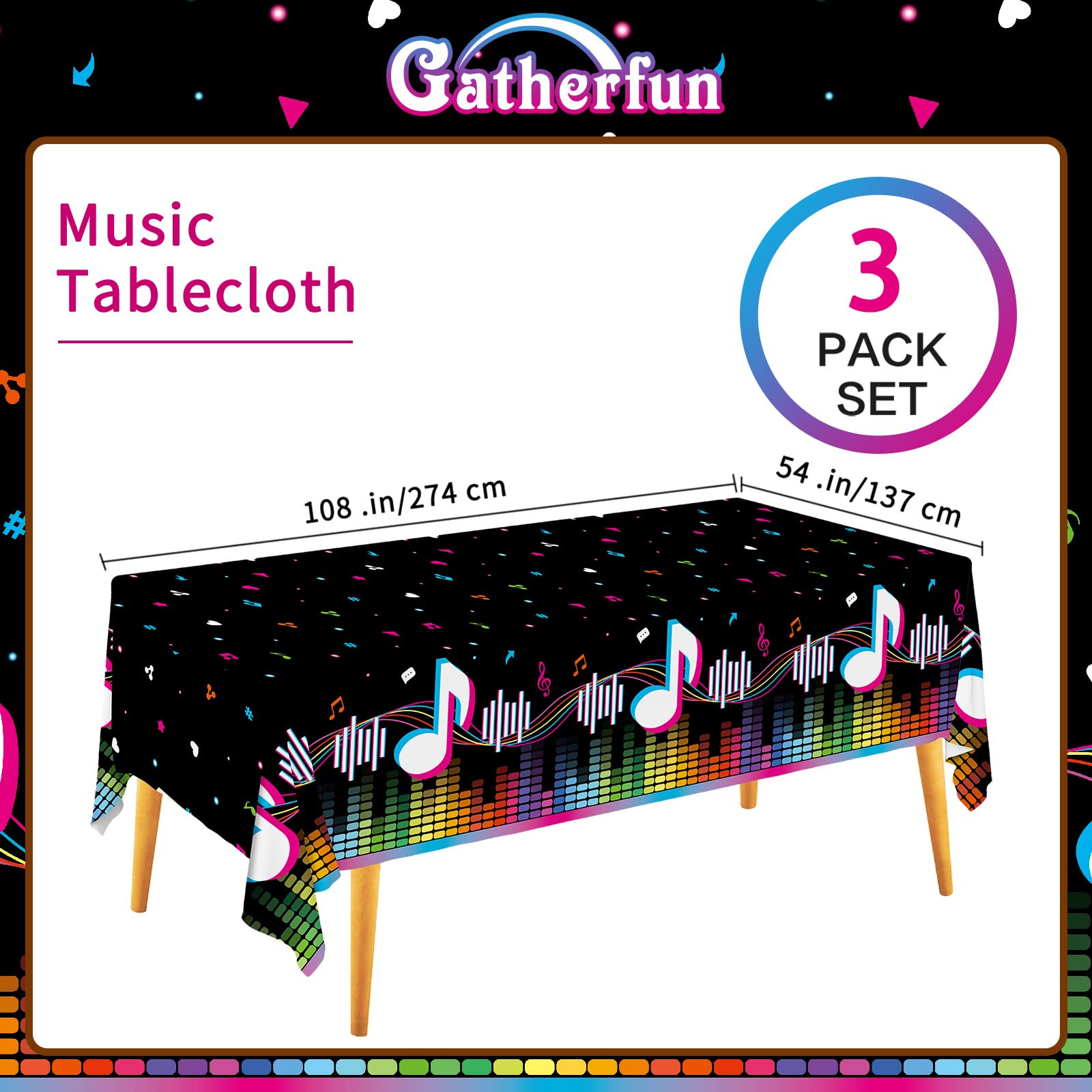 Gatherfun Music Party Disposable Tablecloth – 3-Pack, 54" x 108" | Music Theme Birthday Table Cover