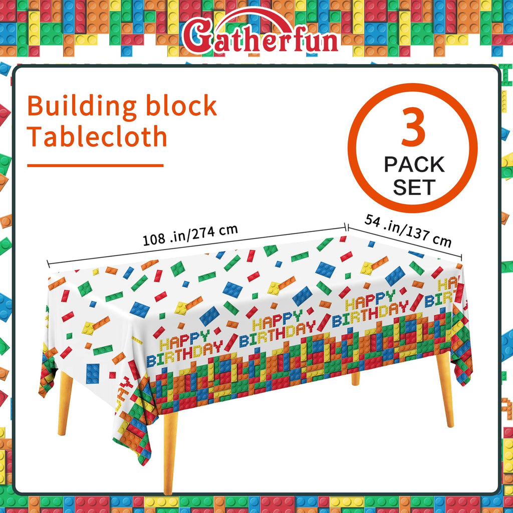 Gatherfun Building Block Tablecloth – 3-Pack, 54 x 108 in, Plastic Block-Themed Party Cover