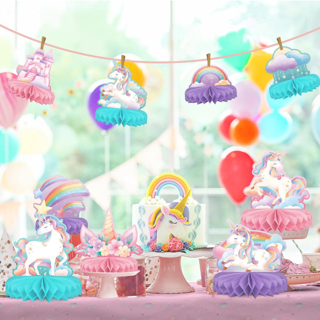 Gatherfun Unicorn Birthday Party Supplies Set — Rainbow Table Decorations with Honeycomb Centerpiece