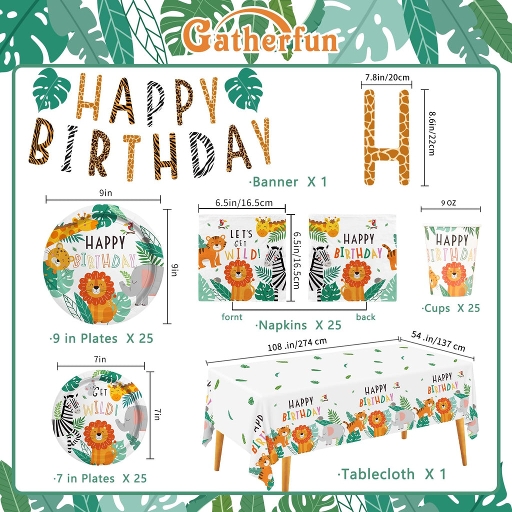 Gatherfun Safari Jungle Birthday Party Supplies – 25-Count Dinner Plates, Dessert Plates, Napkins, Cups, Banner & Tablecloth