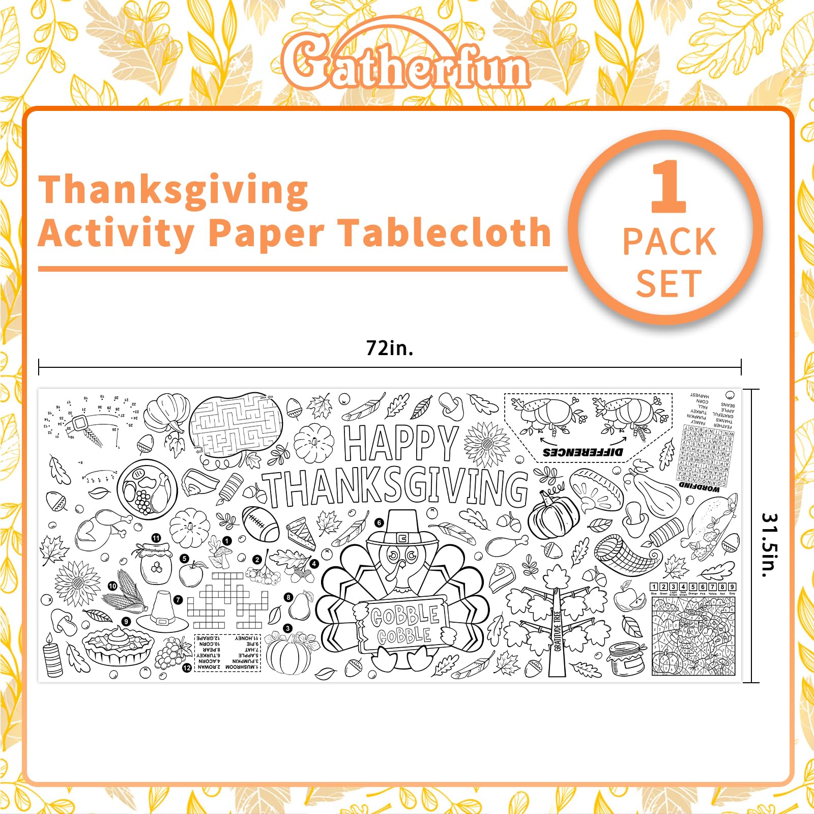 Gatherfun Family Fun Thanksgiving Activity Poster – 31.5 x 72 in Turkey-Themed Coloring Banner & Table Cover