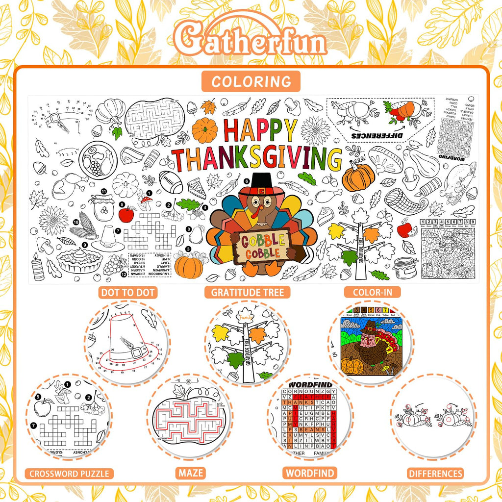 Gatherfun Family Fun Thanksgiving Activity Poster – 31.5 x 72 in Turkey-Themed Coloring Banner & Table Cover