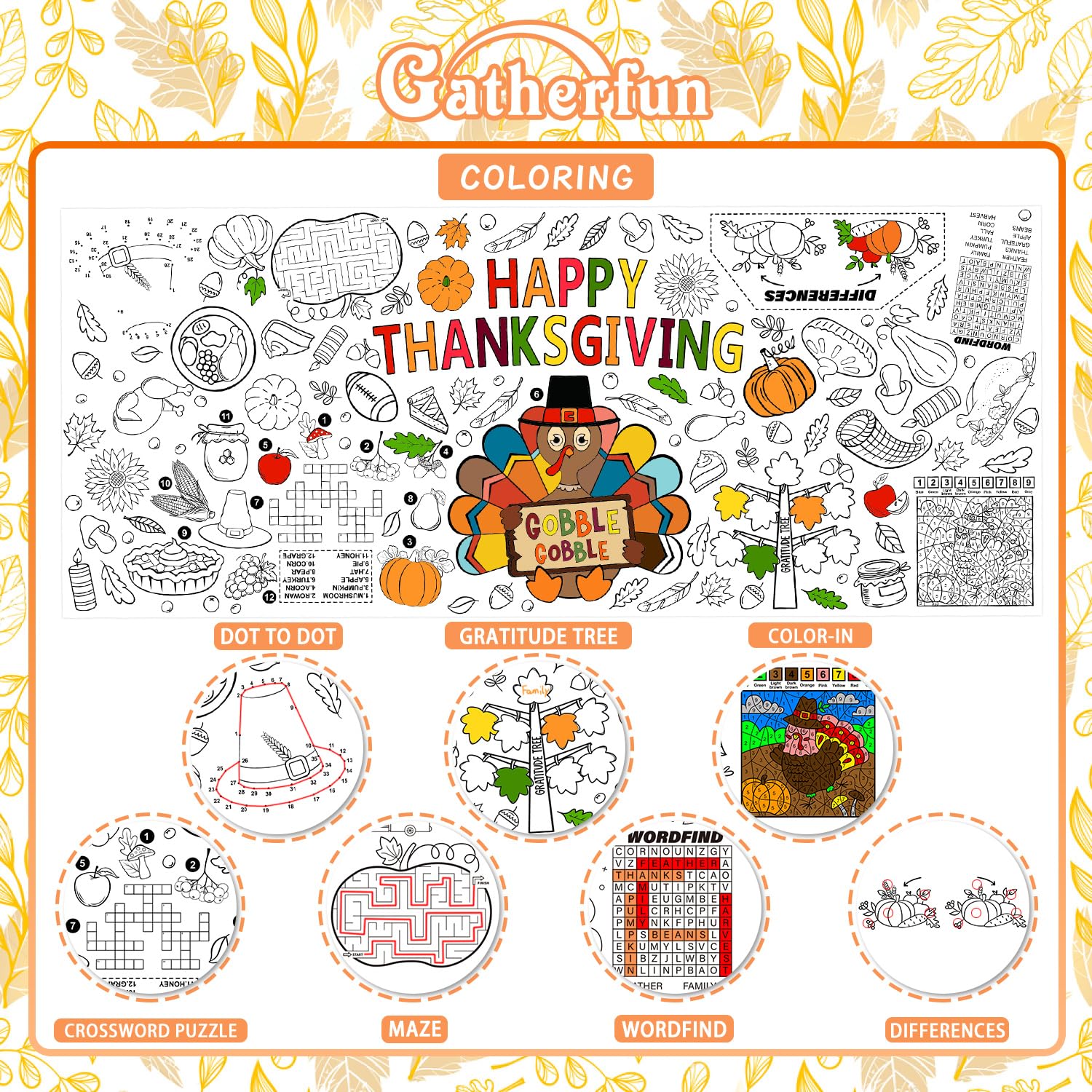 Gatherfun Family Fun Thanksgiving Activity Poster – 31.5 x 72 in Turkey-Themed Coloring Banner & Table Cover