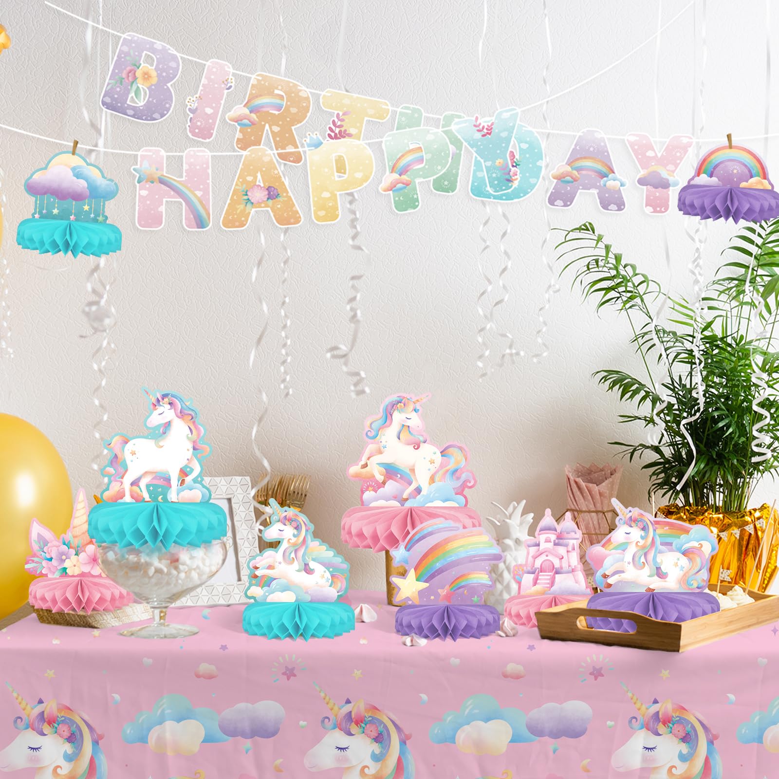 Gatherfun Unicorn Birthday Party Supplies Set — Rainbow Table Decorations with Honeycomb Centerpiece