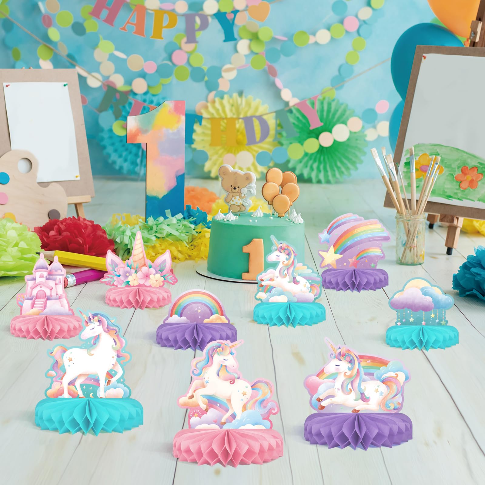 Gatherfun Unicorn Birthday Party Supplies Set — Rainbow Table Decorations with Honeycomb Centerpiece