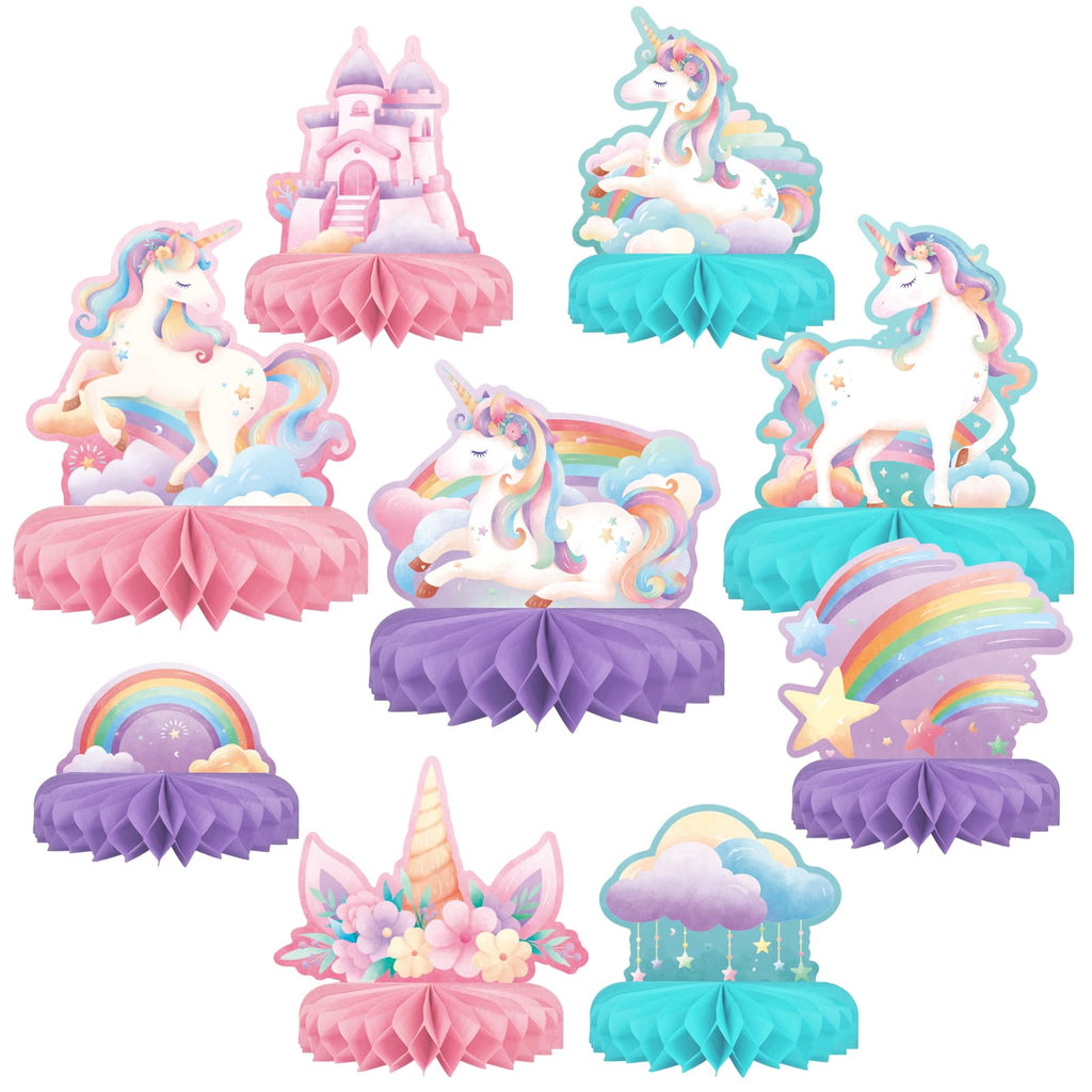 Gatherfun Unicorn Birthday Party Supplies Set — Rainbow Table Decorations with Honeycomb Centerpiece