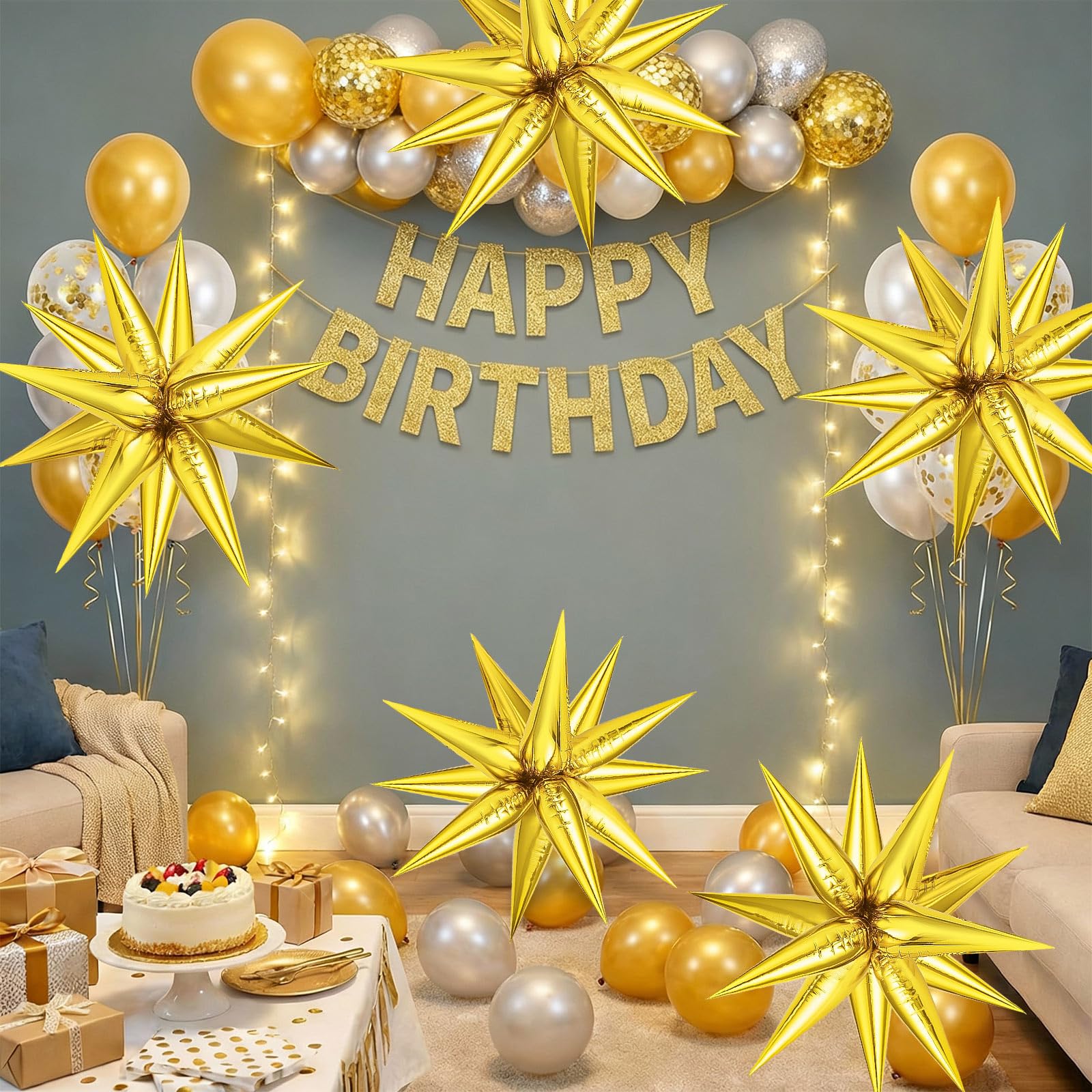 GCTWFYK Gold Star Balloons - 72-Piece 26-Inch Mylar Foil Cone Balloons, 12-Point Star Explosion for Birthday, Wedding & Graduation