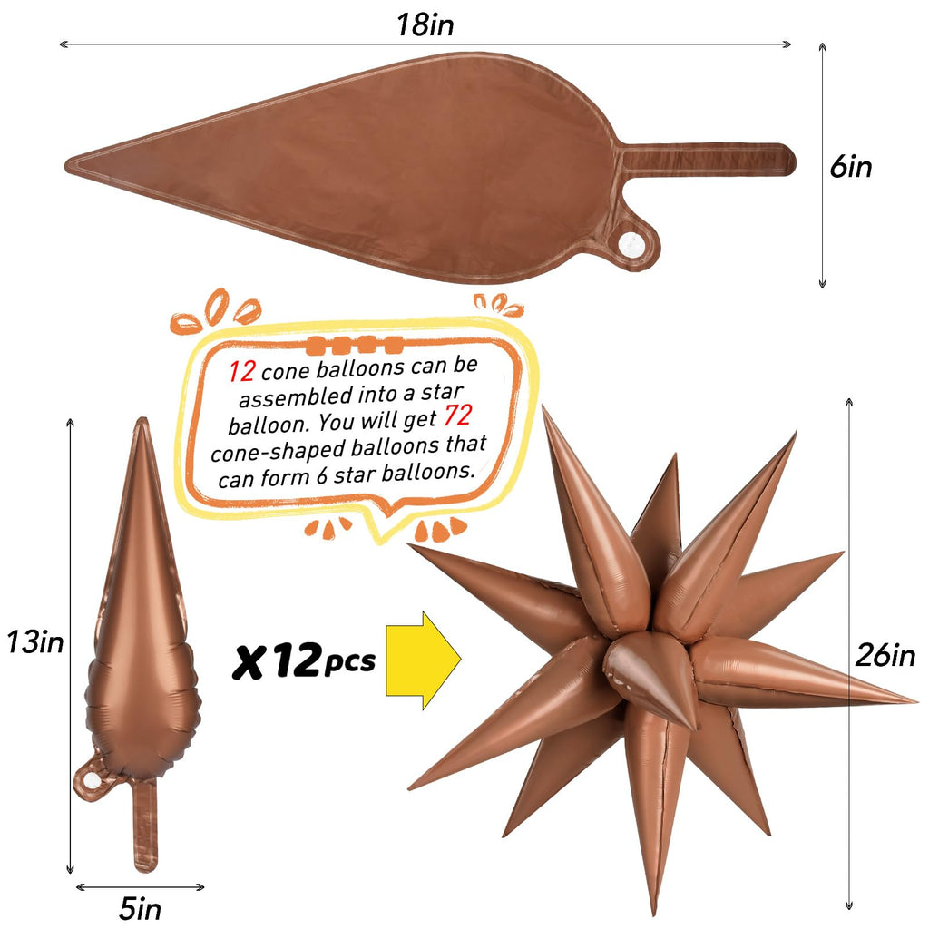 GCTWFYK 72 Pcs Chocolate Color Star Balloons – 26 Inch Foil Cone Explosion Balloons for Weddings & Parties