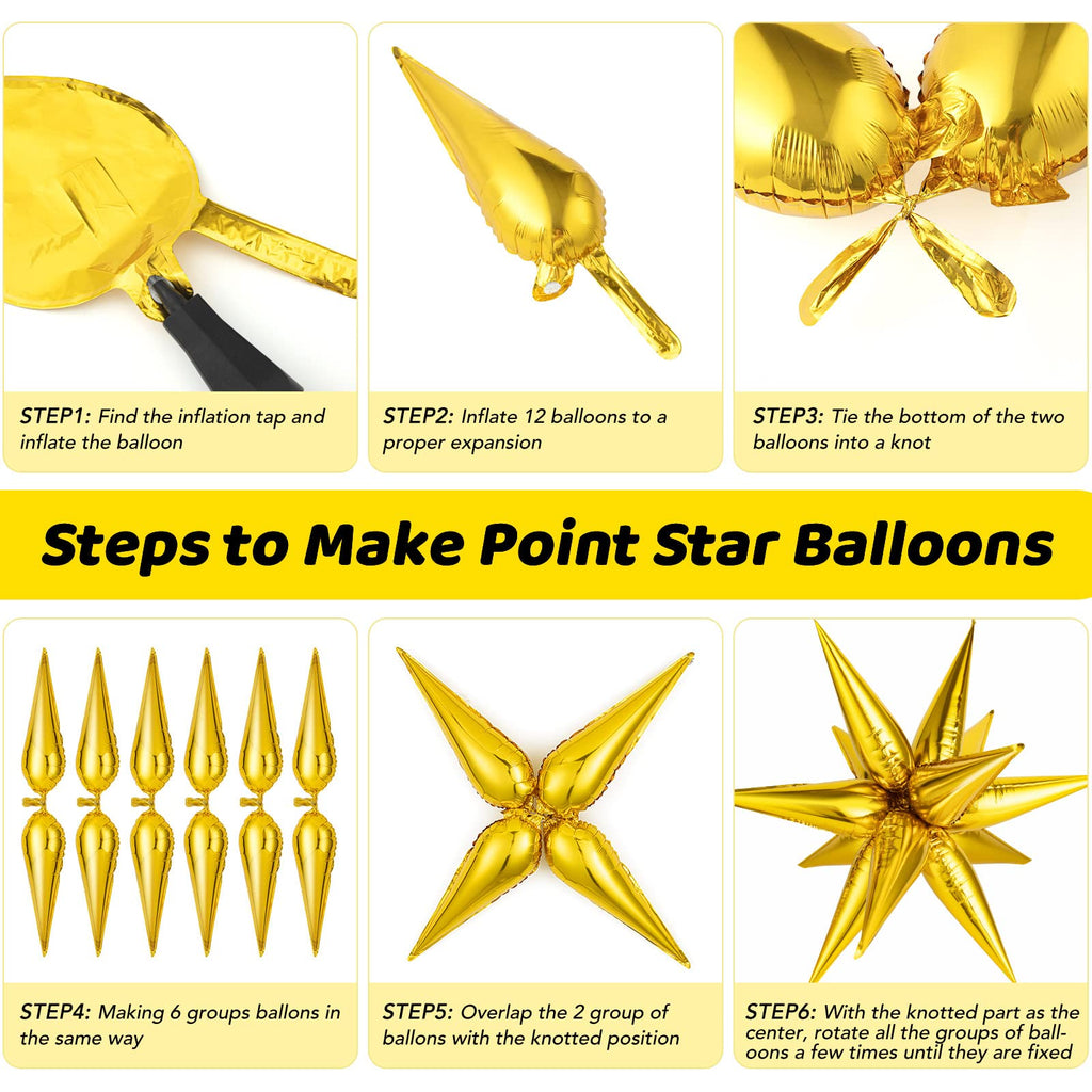GCTWFYK Gold Star Balloons - 72-Piece 26-Inch Mylar Foil Cone Balloons, 12-Point Star Explosion for Birthday, Wedding & Graduation