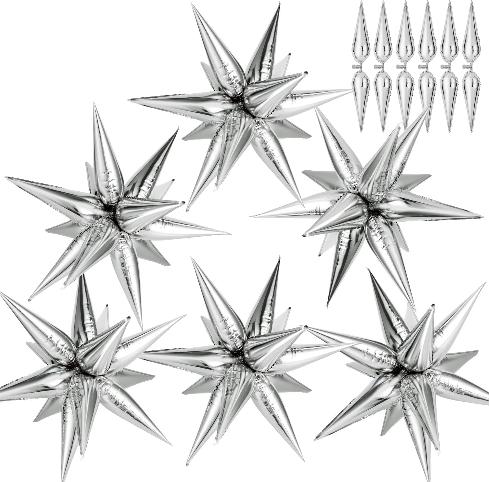 GCTWFYK 74 Pcs Silver Star Balloons | 12-Point Cone Foil Mylar for Party Decor