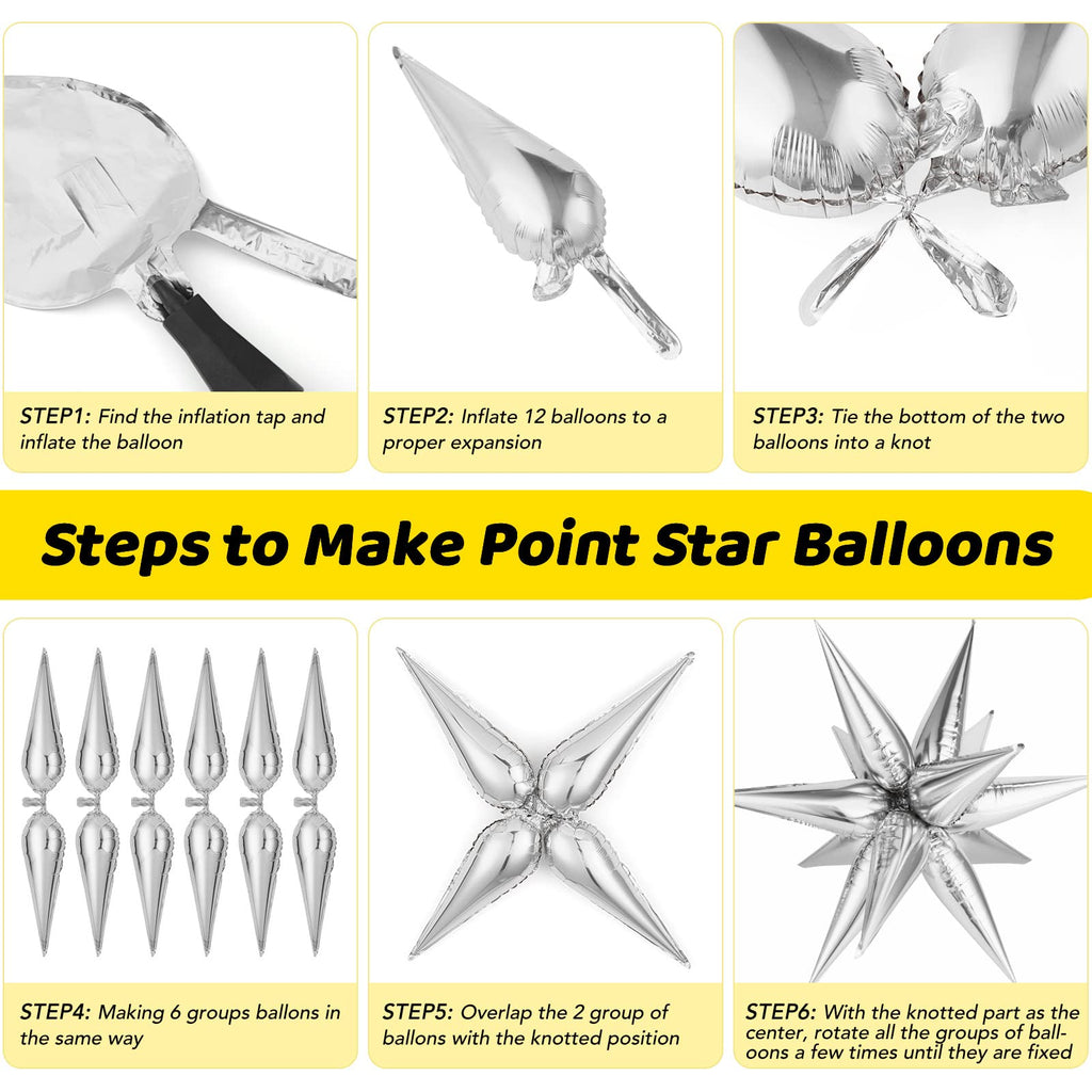 GCTWFYK 74 Pcs Silver Star Balloons | 12-Point Cone Foil Mylar for Party Decor