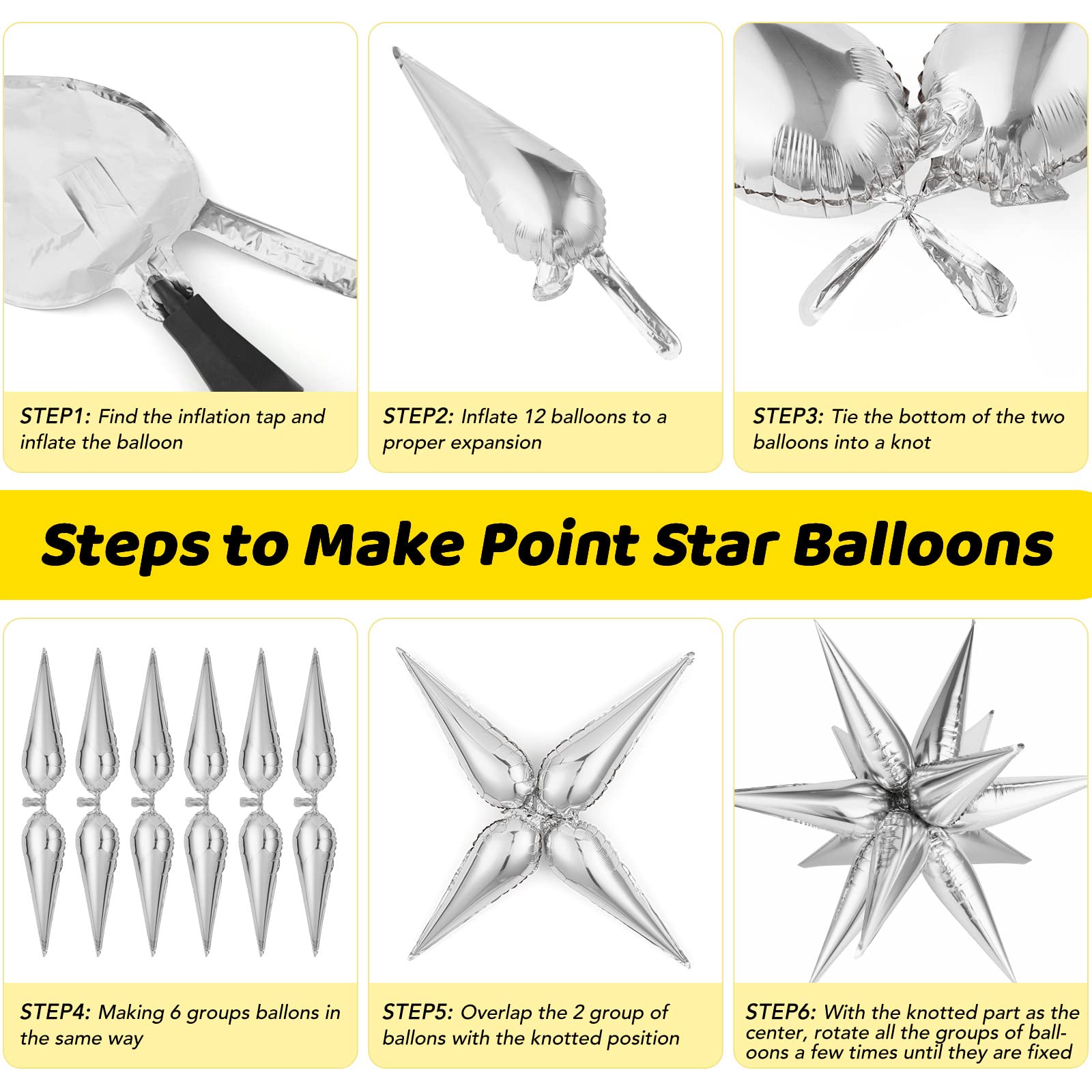 GCTWFYK 74 Pcs Silver Star Balloons | 12-Point Cone Foil Mylar for Party Decor