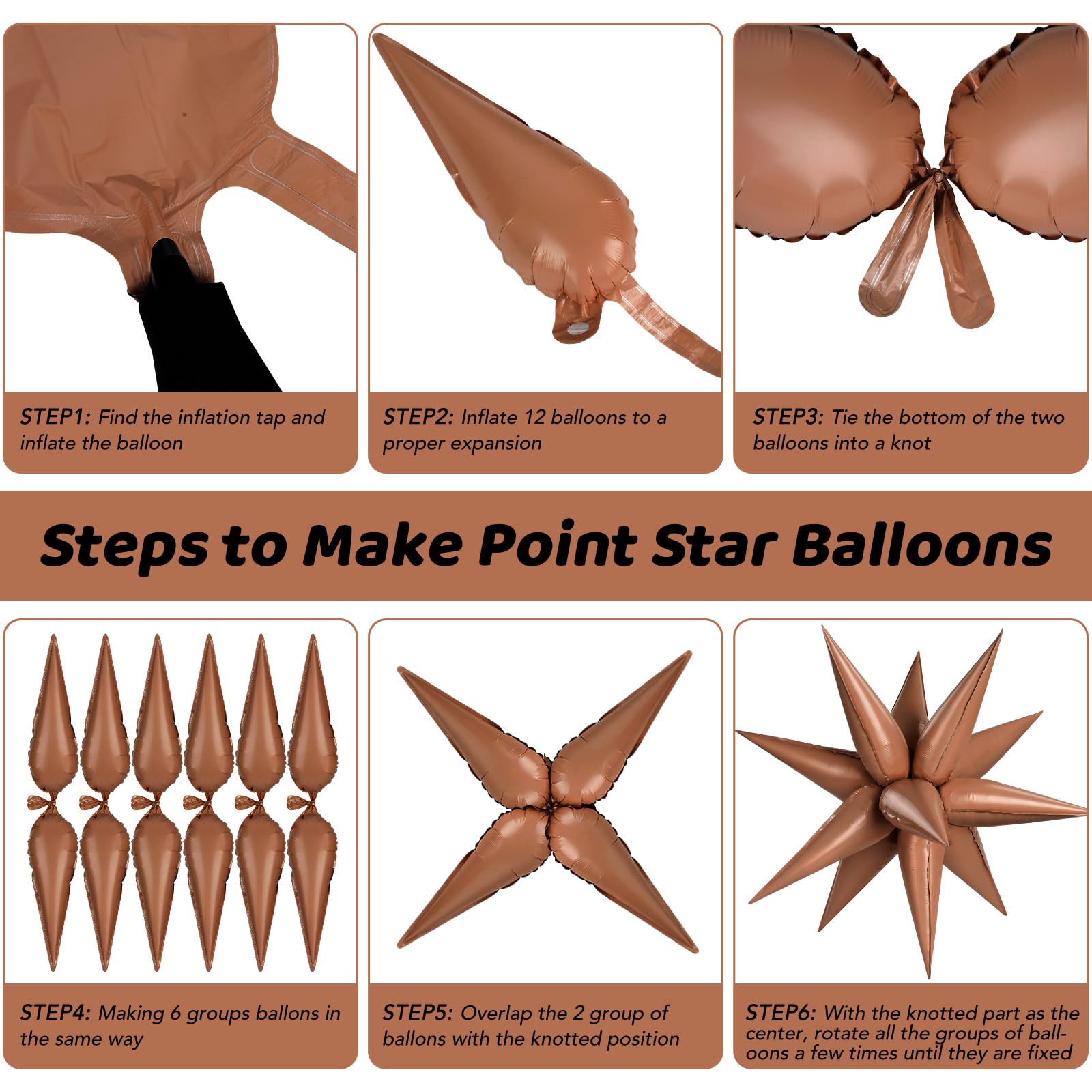 GCTWFYK 72 Pcs Chocolate Color Star Balloons – 26 Inch Foil Cone Explosion Balloons for Weddings & Parties