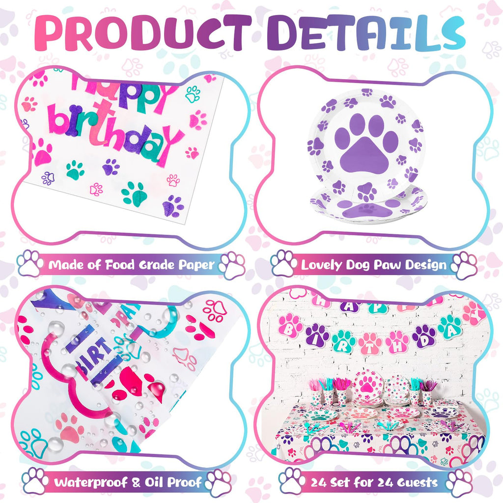 Gejoy 171 Pcs Dog Birthday Party Decorations Set — Paw Plates, Banner, Tablecloths & More for 24 Guests