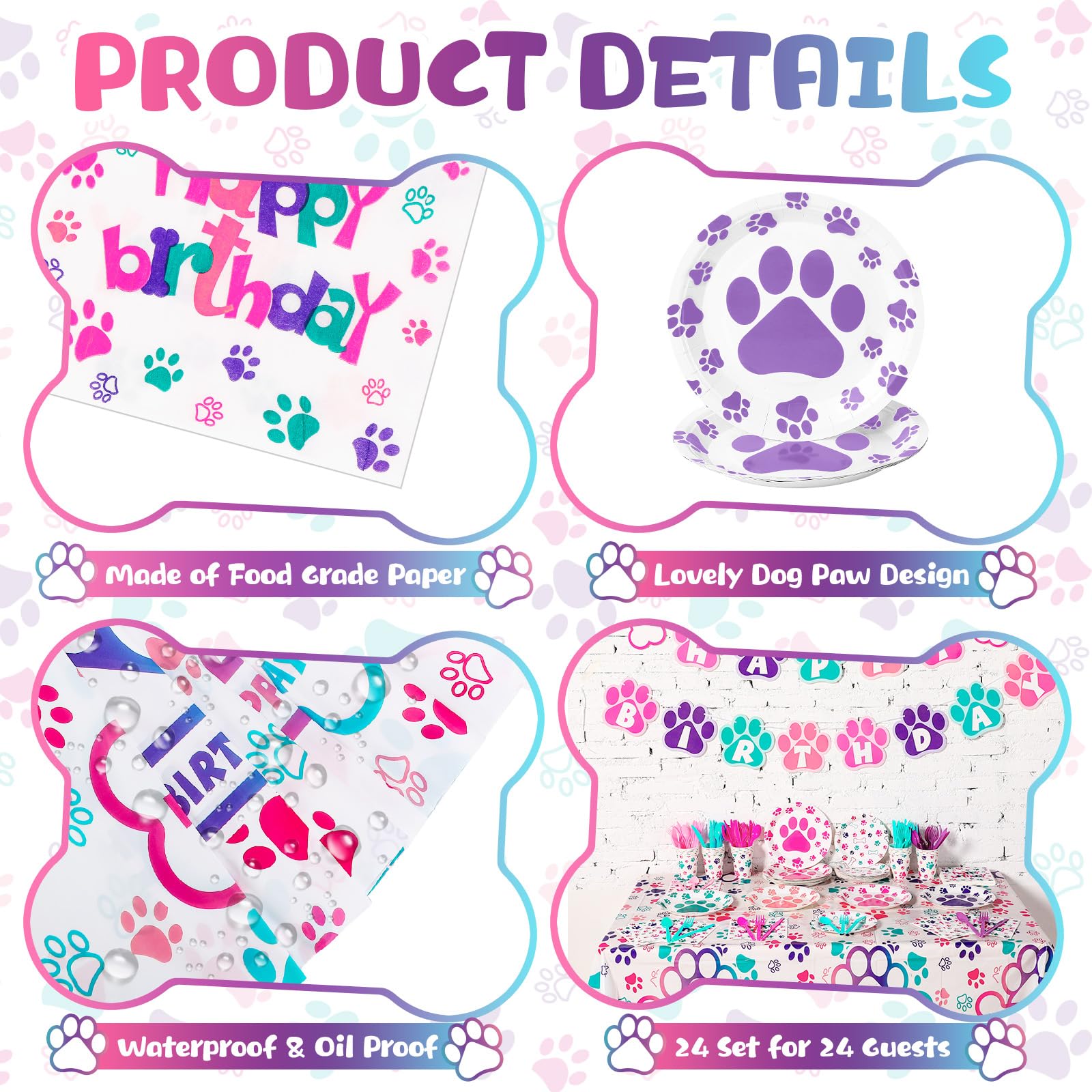 Gejoy 171 Pcs Dog Birthday Party Decorations Set — Paw Plates, Banner, Tablecloths & More for 24 Guests