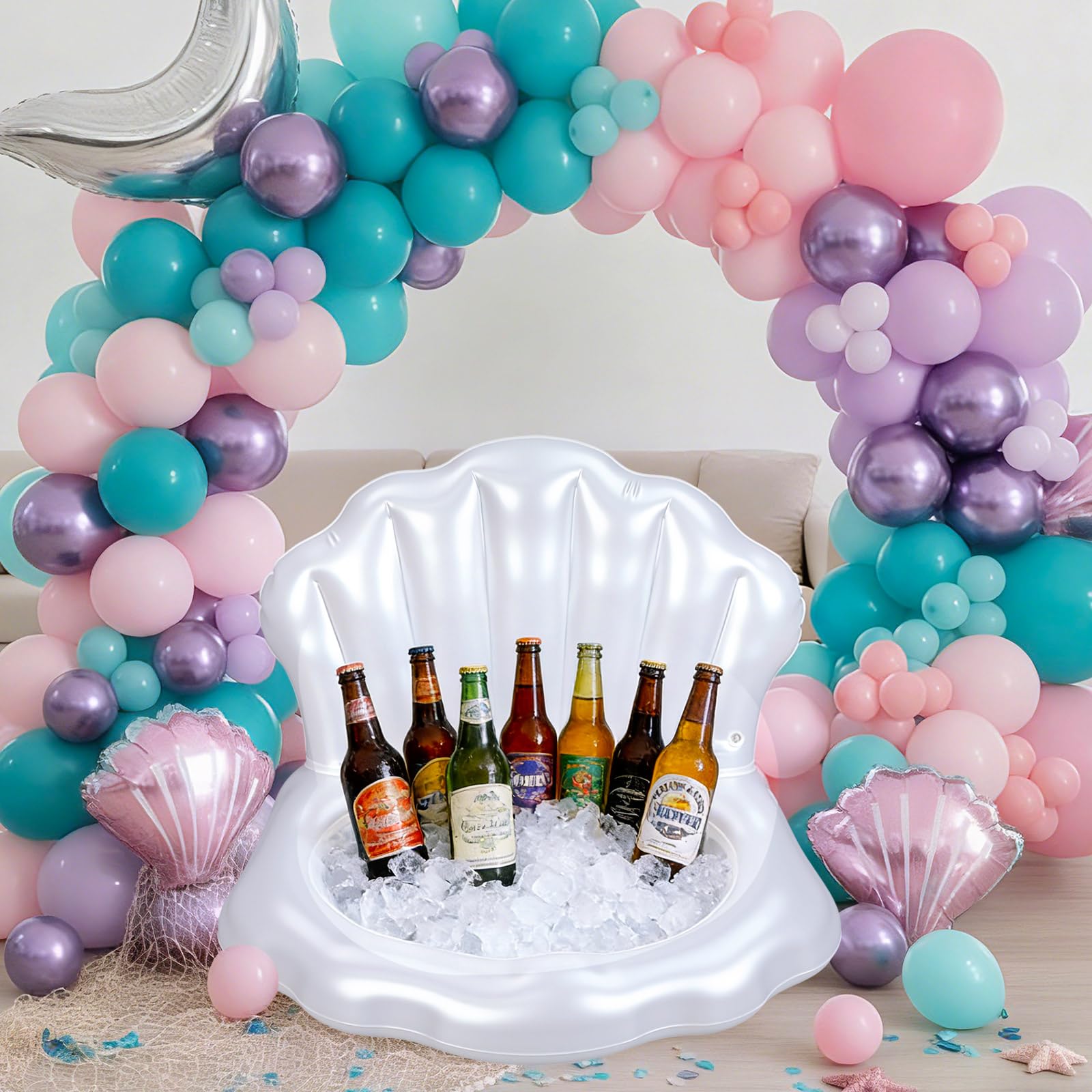 Gemscream Mermaid Seashell Inflatable Cooler – Ocean Theme Party Decor & Floating Drink Holder