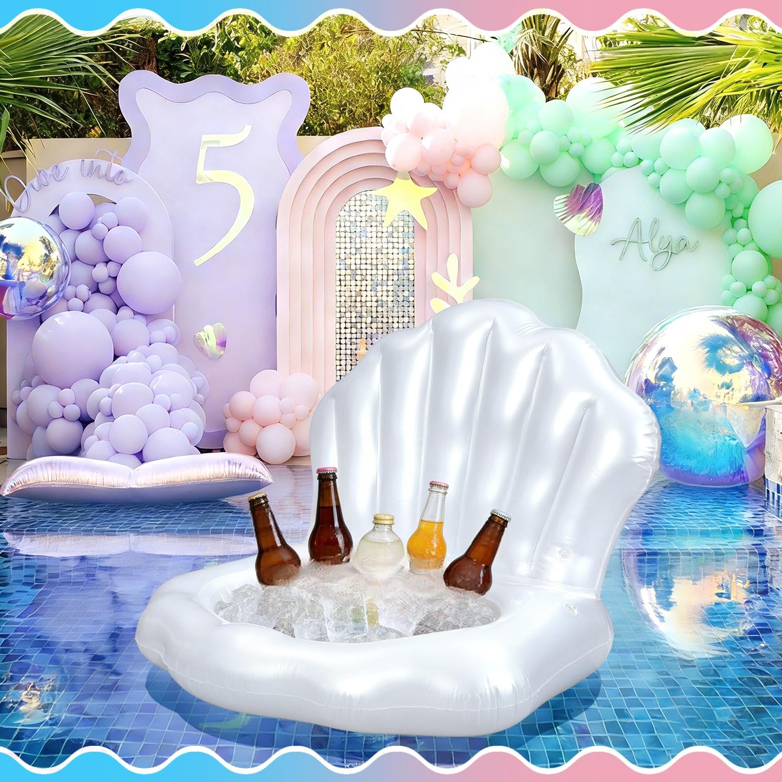 Gemscream Mermaid Seashell Inflatable Cooler – Ocean Theme Party Decor & Floating Drink Holder