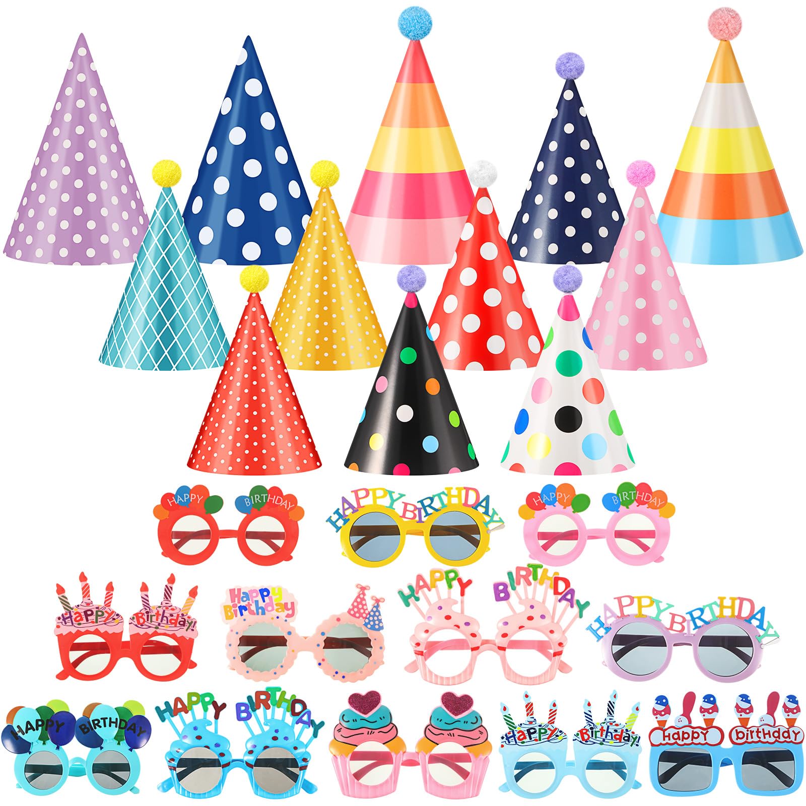 Gersoniel 24 Pcs Birthday Party Hats Set – Cone Hats with Pom Poms & Glasses for Family Celebrations