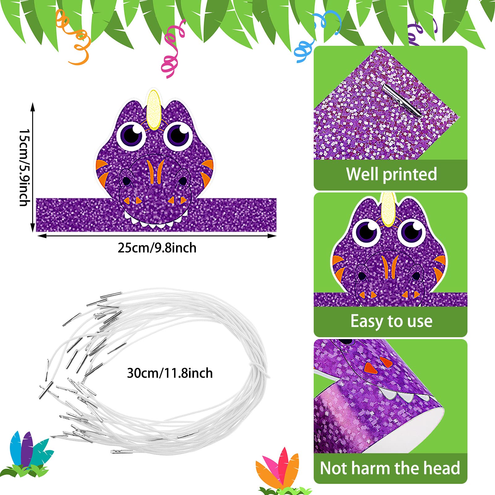 Gersoniel 24 Pcs Dinosaur Birthday Party Hats, Favors, Headbands & Paper Crowns – Dinosaur Theme Party Supplies