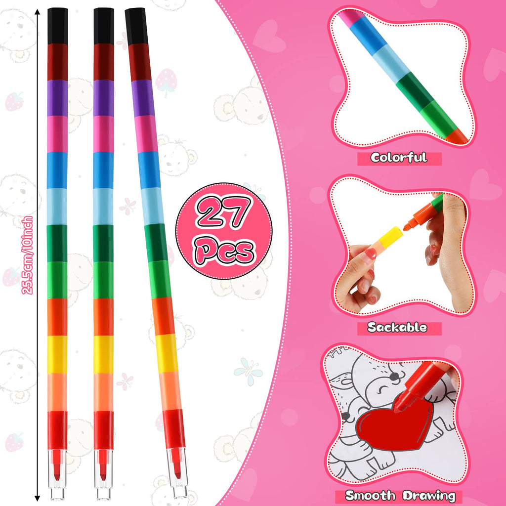 Geyee 27-Piece Valentine's Day Coloring Books Set with Stacking Crayons – Kids Party Favors & Classroom Activity Bundle