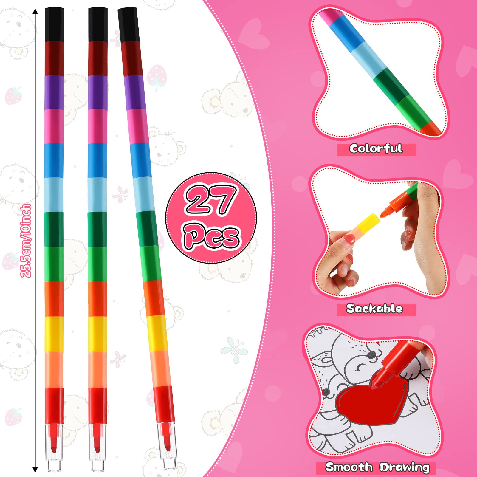 Geyee 27-Piece Valentine's Day Coloring Books Set with Stacking Crayons – Kids Party Favors & Classroom Activity Bundle