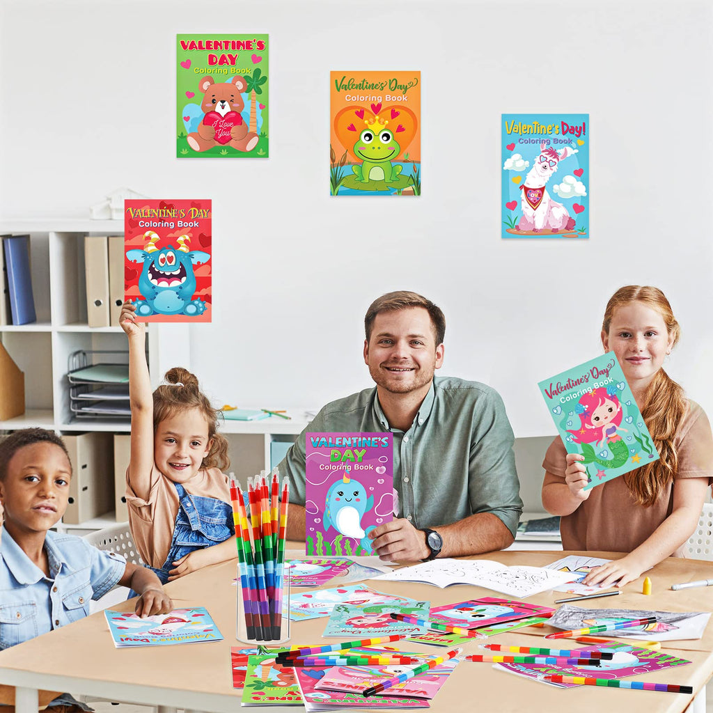 Geyee 27-Piece Valentine's Day Coloring Books Set with Stacking Crayons – Kids Party Favors & Classroom Activity Bundle