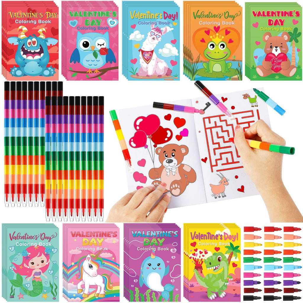 Geyee 27-Piece Valentine's Day Coloring Books Set with Stacking Crayons – Kids Party Favors & Classroom Activity Bundle