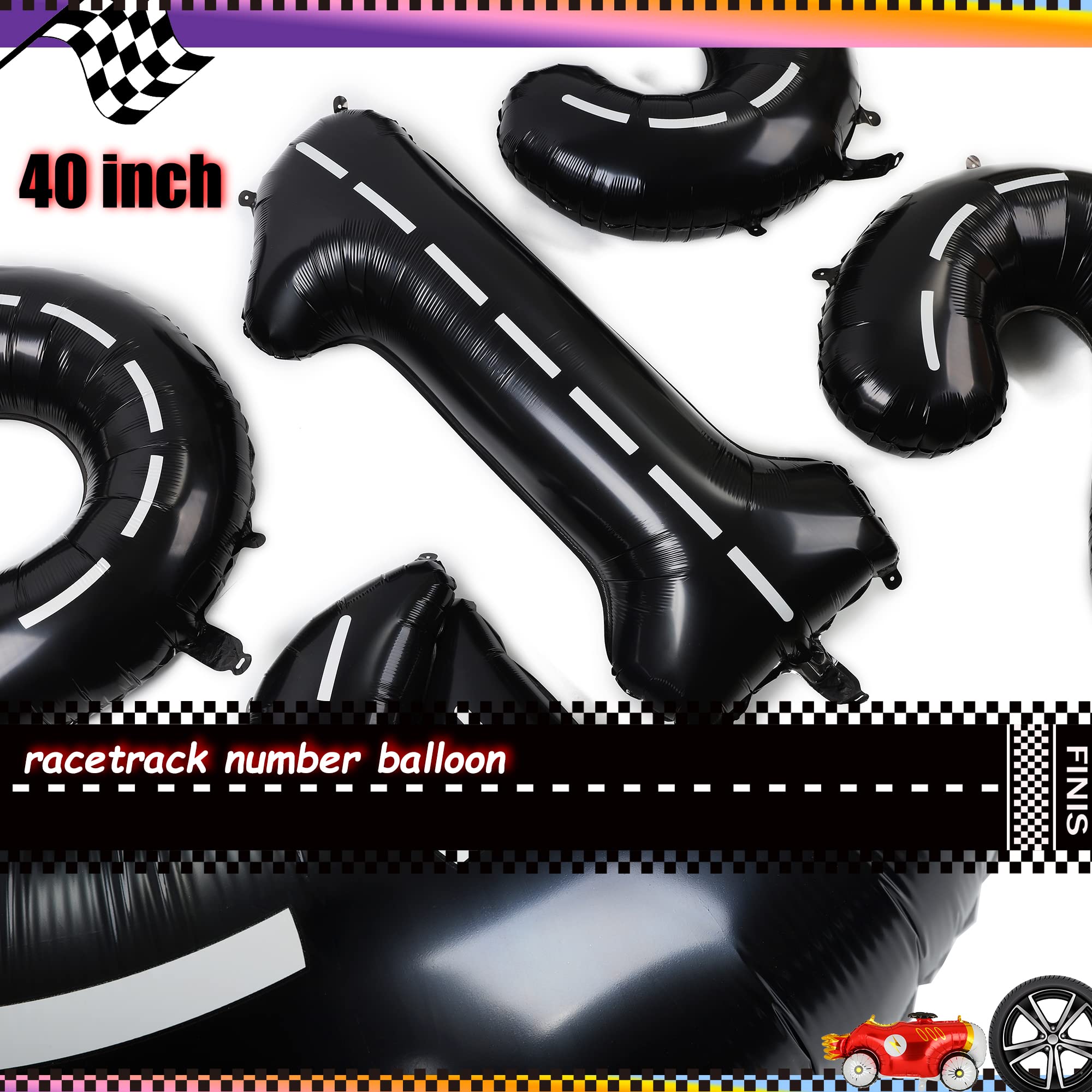 GGDE Race Car Birthday Balloons – 40 Inch Racetrack Numbers, Black & White Chequered & Star Foil (6 Pcs)