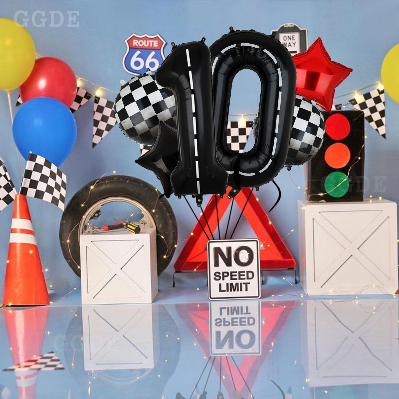 GGDE Race Car Birthday Balloons – 40 Inch Racetrack Numbers, Black & White Chequered & Star Foil (6 Pcs)