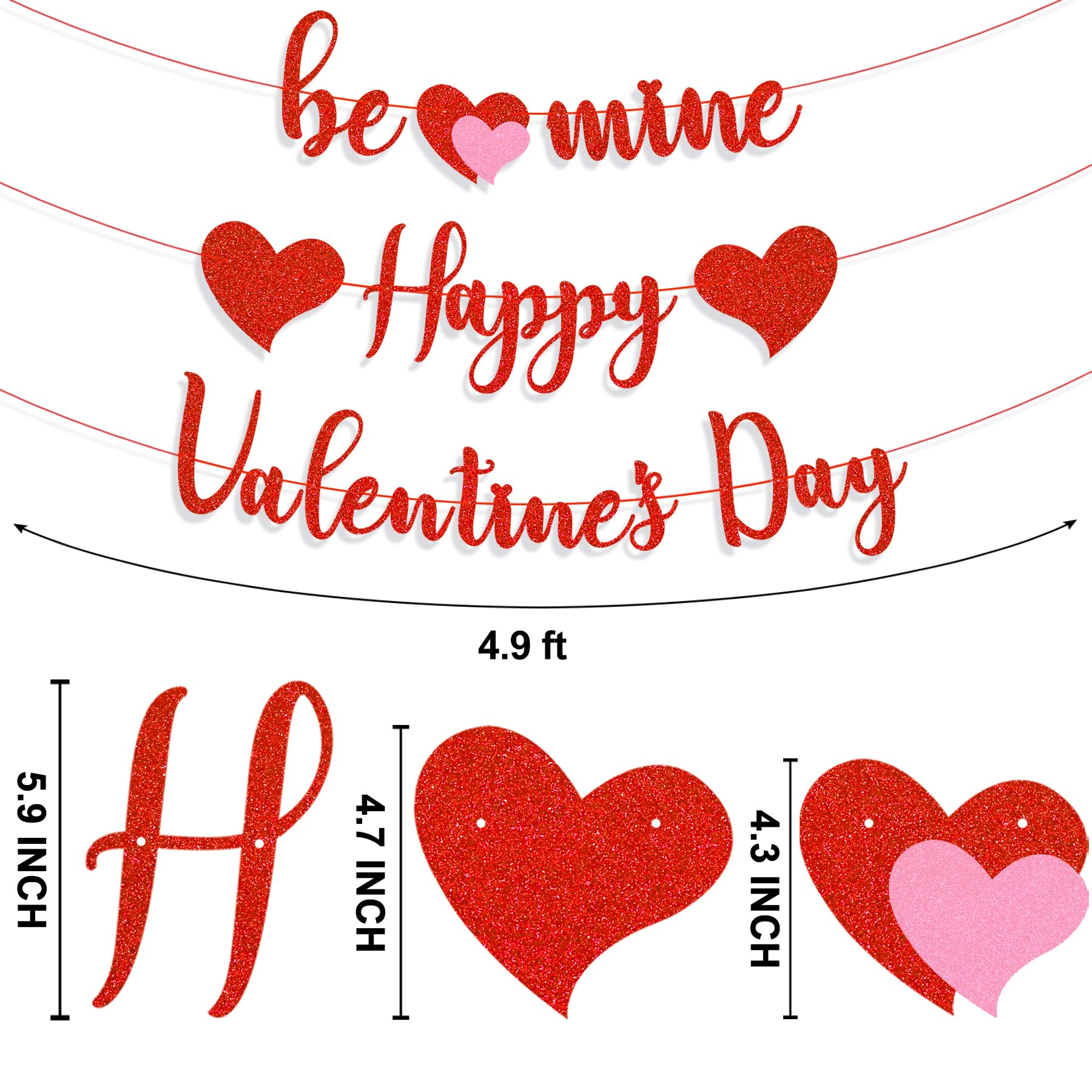 Gifloon Happy Valentines Banner – Pre-Strung Red Glitter Heart Decor