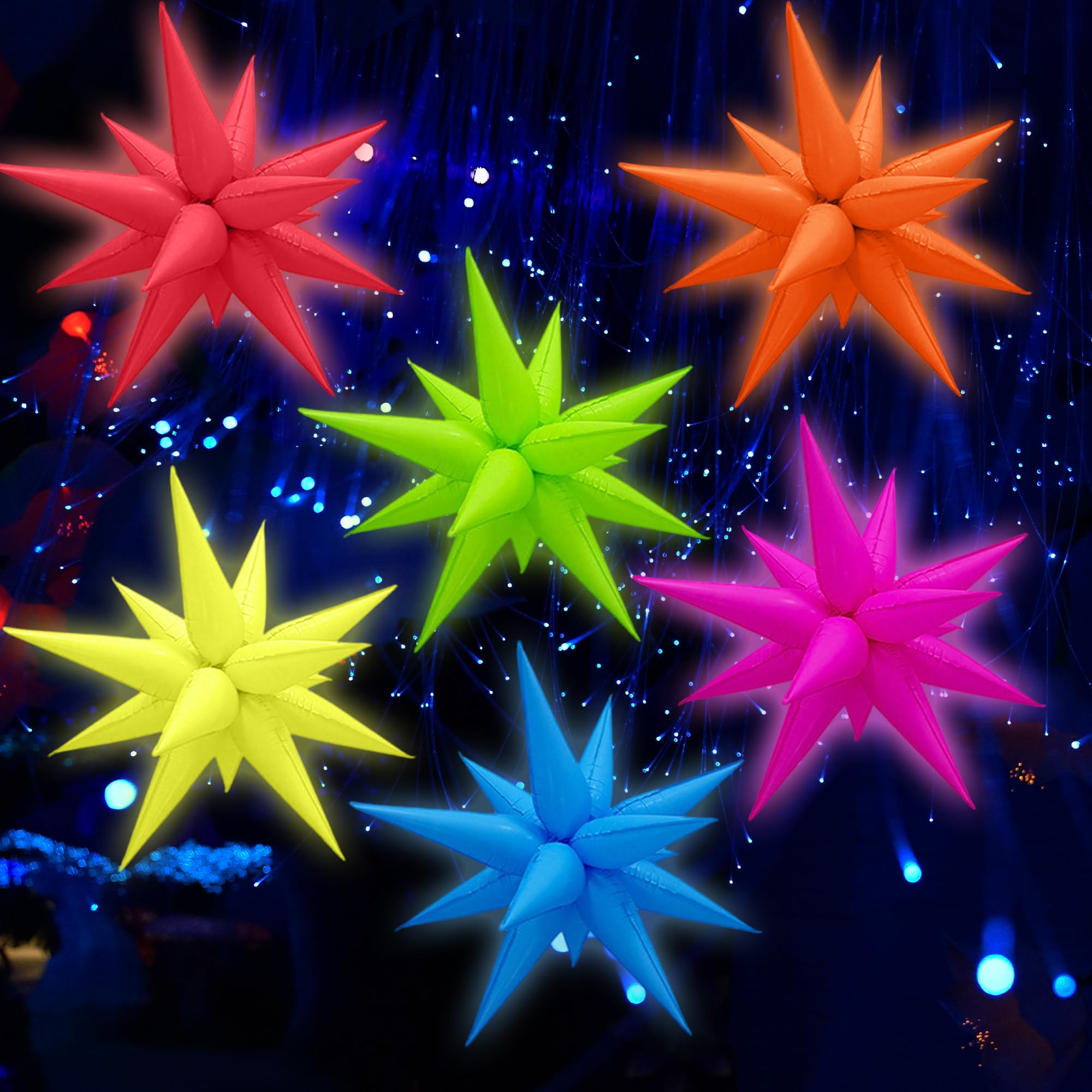 Gifloon Glow in The Dark Neon Spike Explosion Star Balloons – 72pc Party Decor Kit