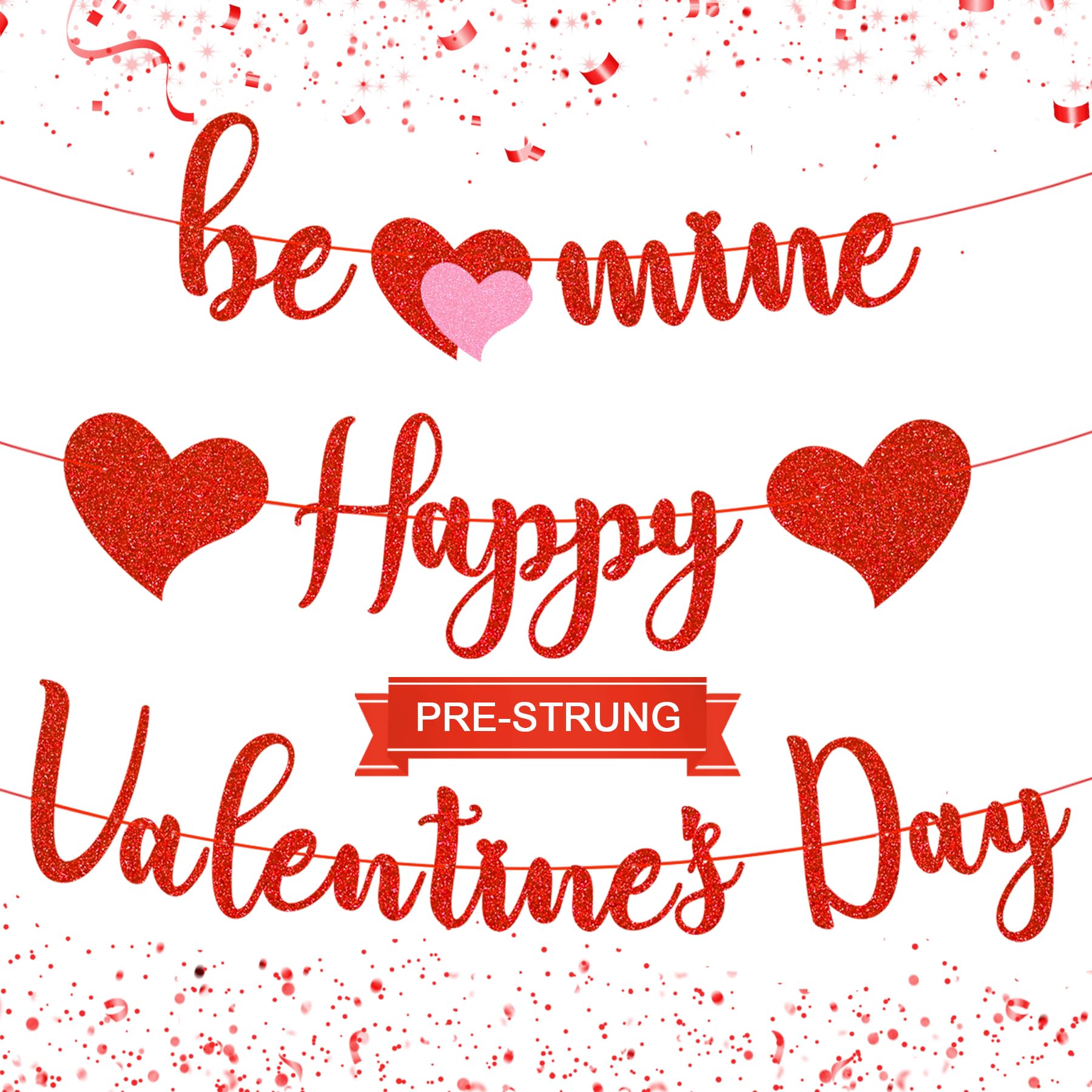 Gifloon Happy Valentines Banner – Pre-Strung Red Glitter Heart Decor