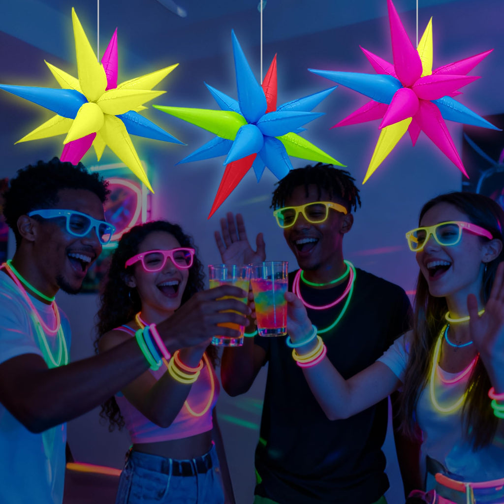 Gifloon Glow in The Dark Neon Spike Explosion Star Balloons – 72pc Party Decor Kit