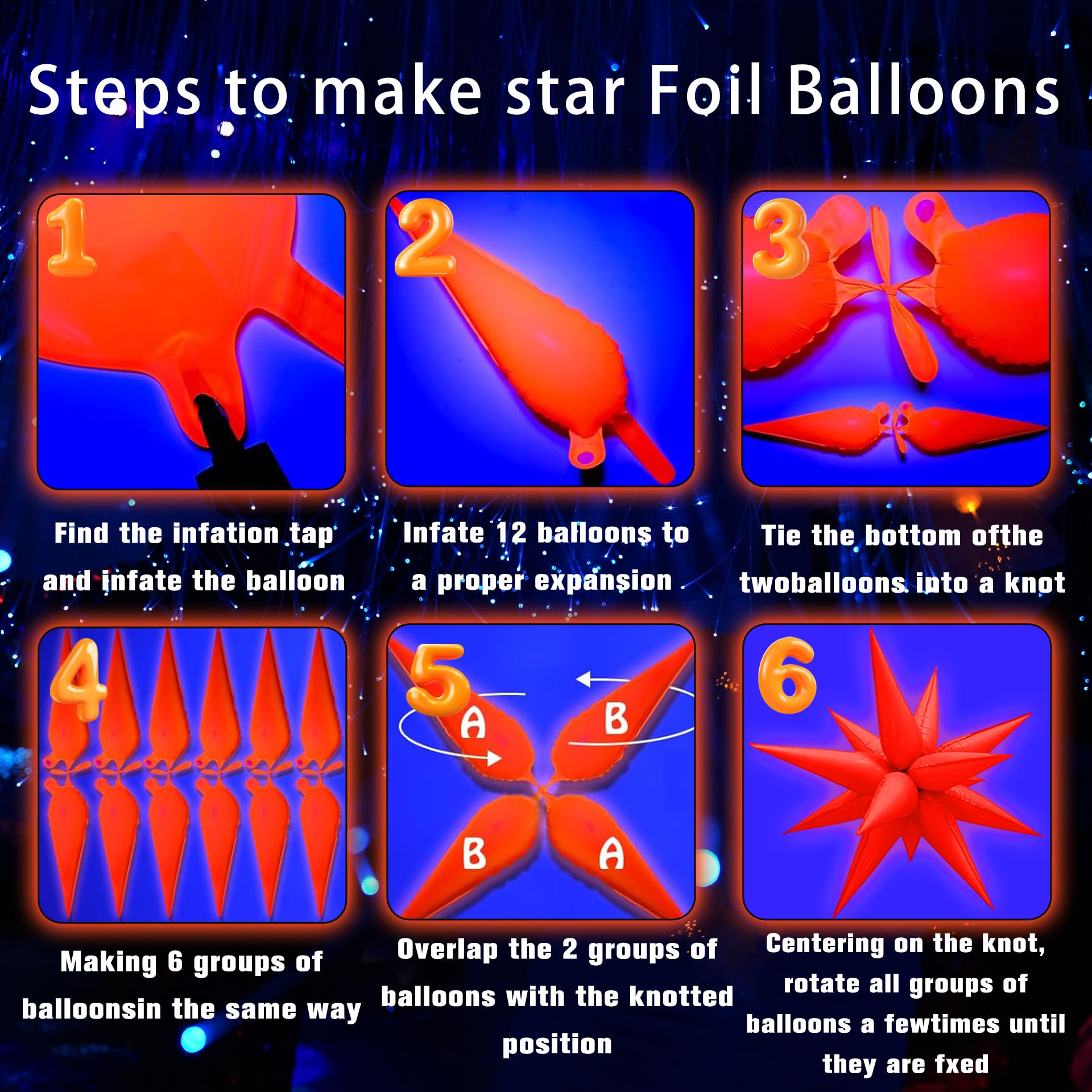 Gifloon Glow in The Dark Neon Spike Explosion Star Balloons – 72pc Party Decor Kit