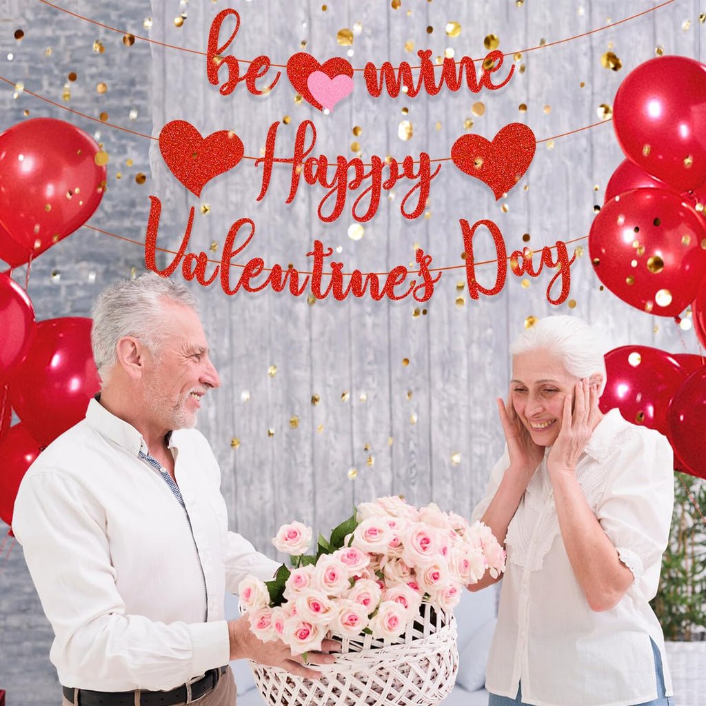 Gifloon Happy Valentines Banner – Pre-Strung Red Glitter Heart Decor