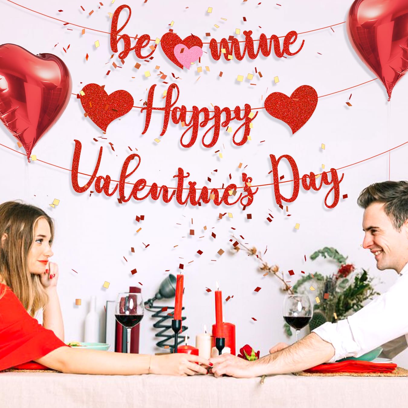 Gifloon Happy Valentines Banner – Pre-Strung Red Glitter Heart Decor