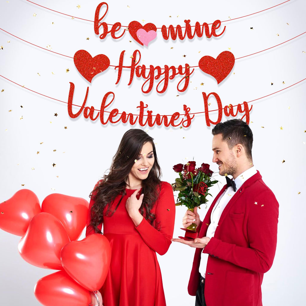 Gifloon Happy Valentines Banner – Pre-Strung Red Glitter Heart Decor