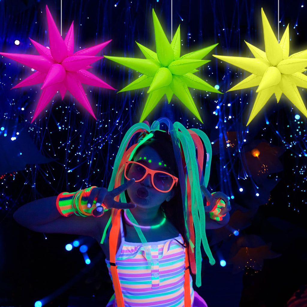 Gifloon Glow in The Dark Neon Spike Explosion Star Balloons – 72pc Party Decor Kit