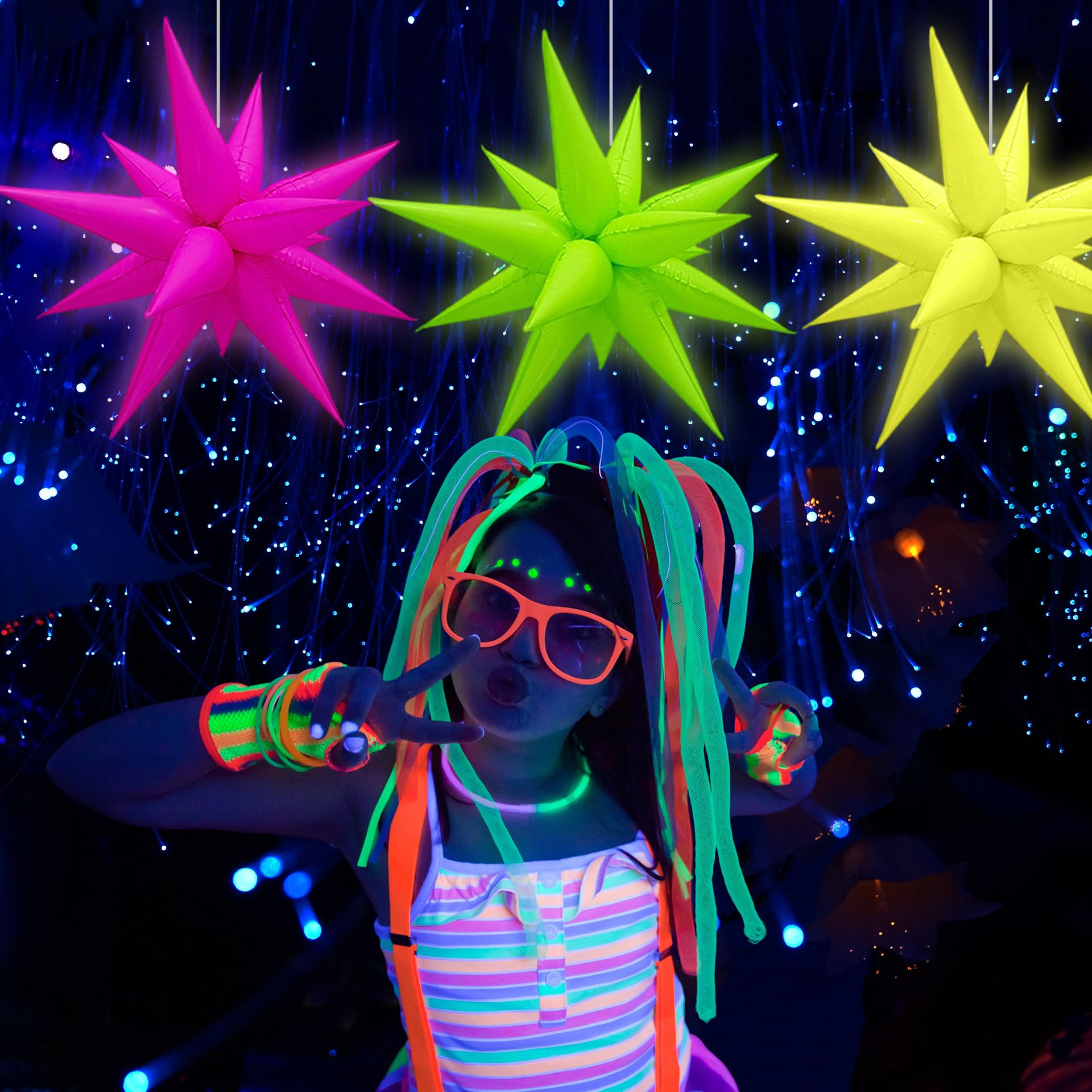 Gifloon Glow in The Dark Neon Spike Explosion Star Balloons – 72pc Party Decor Kit