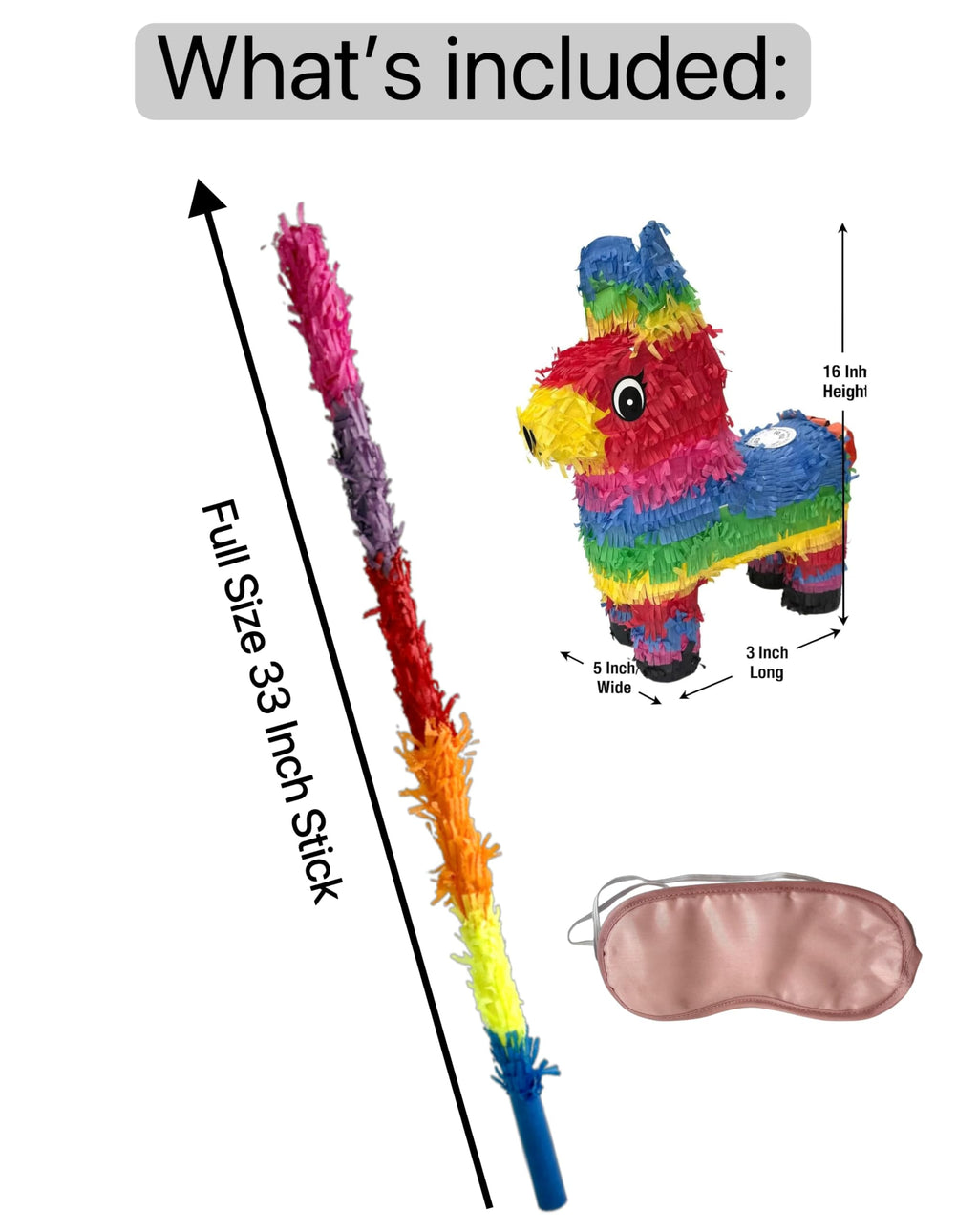 GiftExpress 16-inch Rainbow Donkey Piñata with 33-inch Stick & Blindfold – Mexican Party Decor