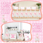 Giftlyze One Silly Goose Birthday Decoration – 10 Plush Geese, 12-Inch, Hats, Adoption Cards, Ribbon & Wood Table Decor (Pink)