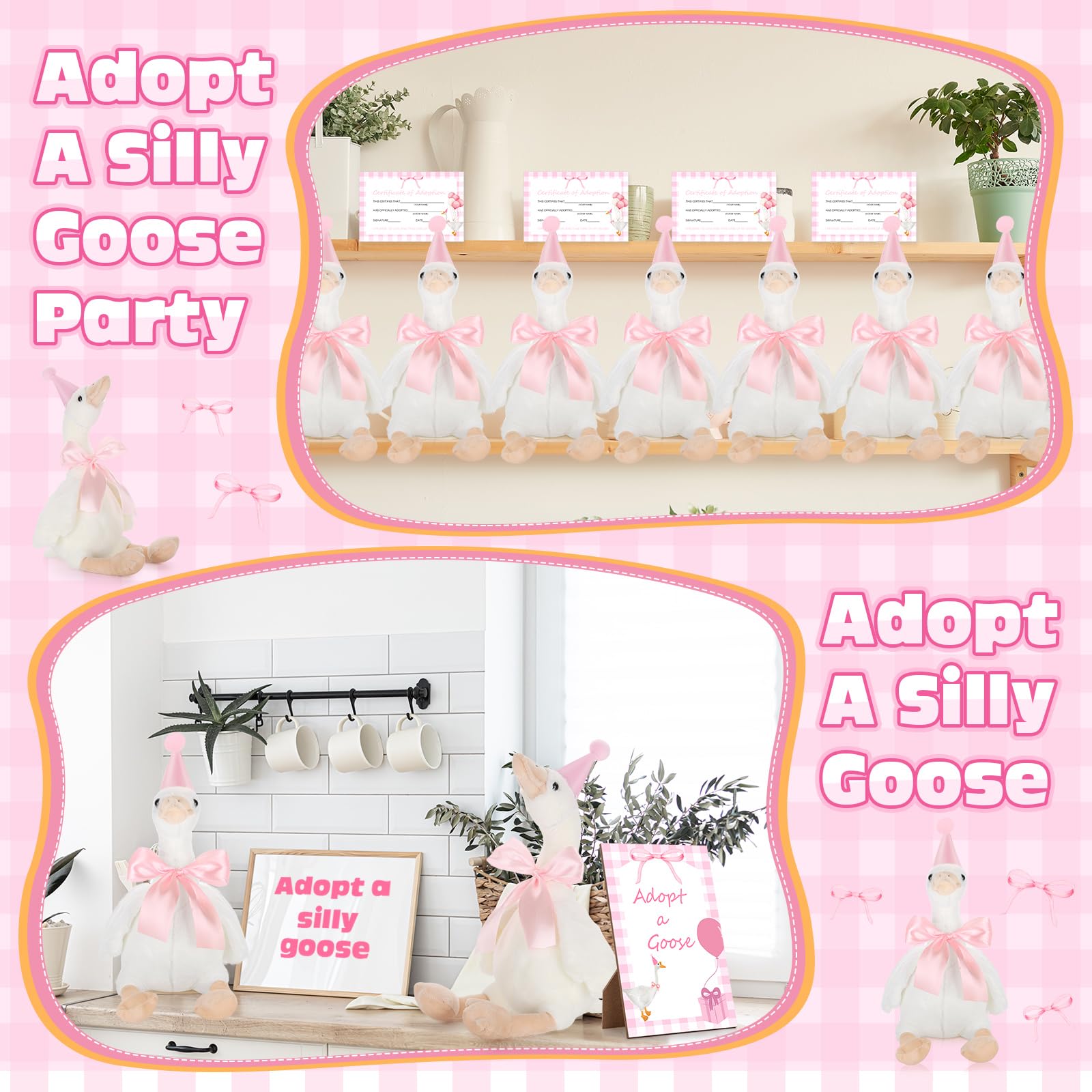 Giftlyze One Silly Goose Birthday Decoration – 10 Plush Geese, 12-Inch, Hats, Adoption Cards, Ribbon & Wood Table Decor (Pink)