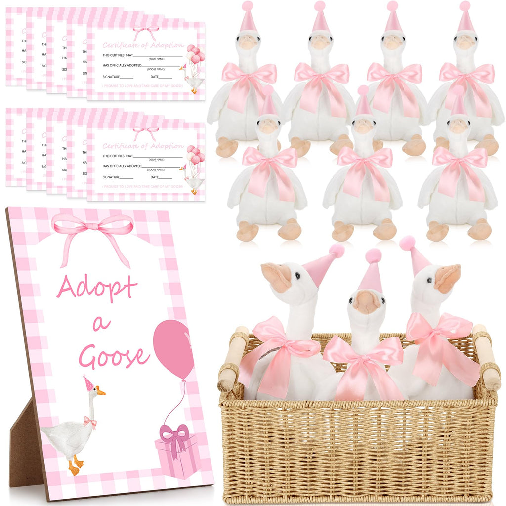 Giftlyze One Silly Goose Birthday Decoration – 10 Plush Geese, 12-Inch, Hats, Adoption Cards, Ribbon & Wood Table Decor (Pink)