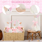 Giftlyze One Silly Goose Birthday Decoration – 10 Plush Geese, 12-Inch, Hats, Adoption Cards, Ribbon & Wood Table Decor (Pink)
