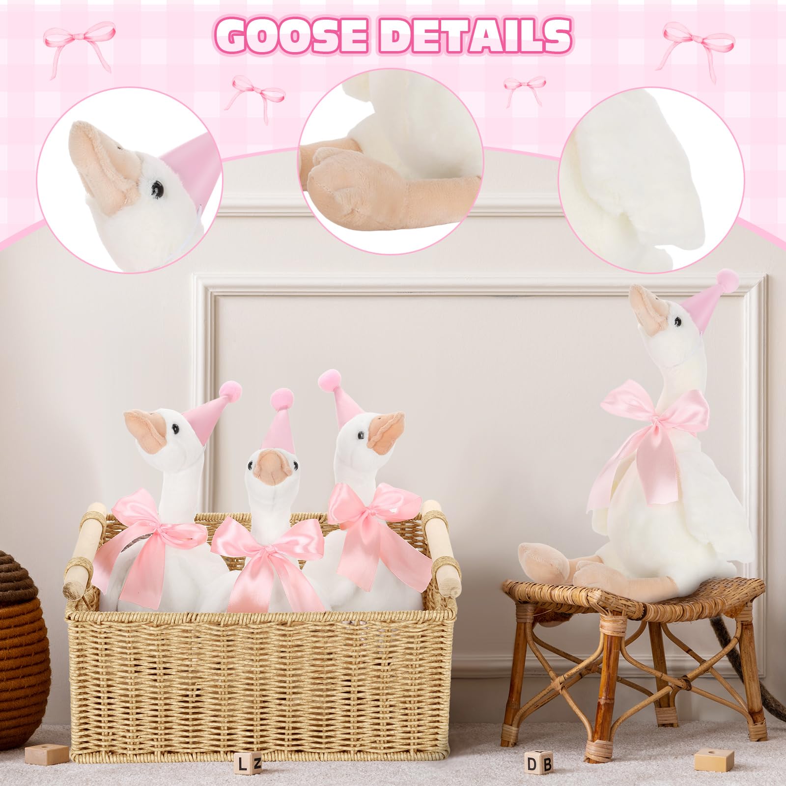 Giftlyze One Silly Goose Birthday Decoration – 10 Plush Geese, 12-Inch, Hats, Adoption Cards, Ribbon & Wood Table Decor (Pink)