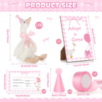 Giftlyze One Silly Goose Birthday Decoration – 10 Plush Geese, 12-Inch, Hats, Adoption Cards, Ribbon & Wood Table Decor (Pink)