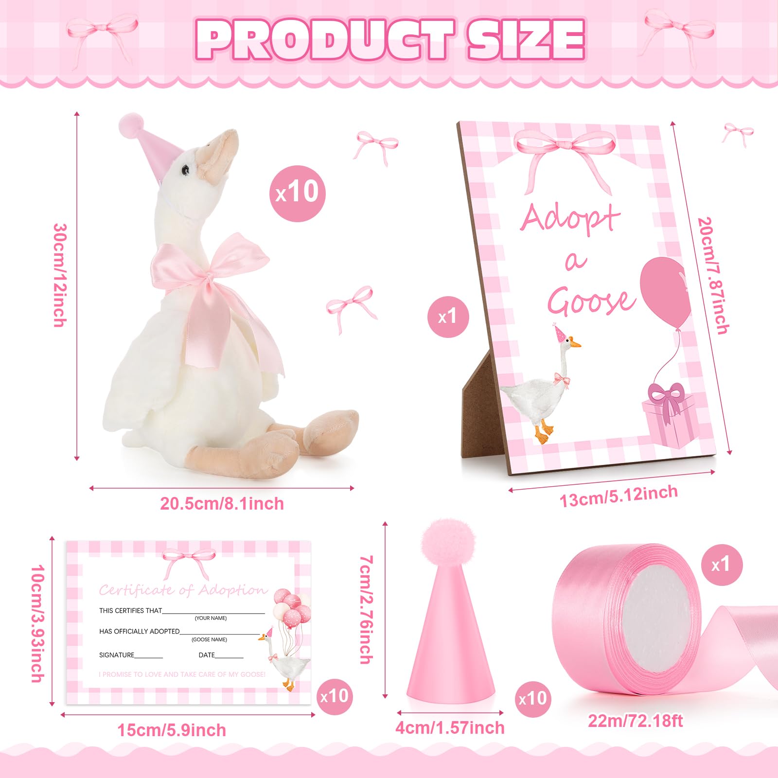 Giftlyze One Silly Goose Birthday Decoration – 10 Plush Geese, 12-Inch, Hats, Adoption Cards, Ribbon & Wood Table Decor (Pink)